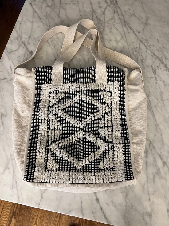 aerie Handbags - Aerie Cream and Black Woven and Canvas Tote Bag with Geometric Front Panel